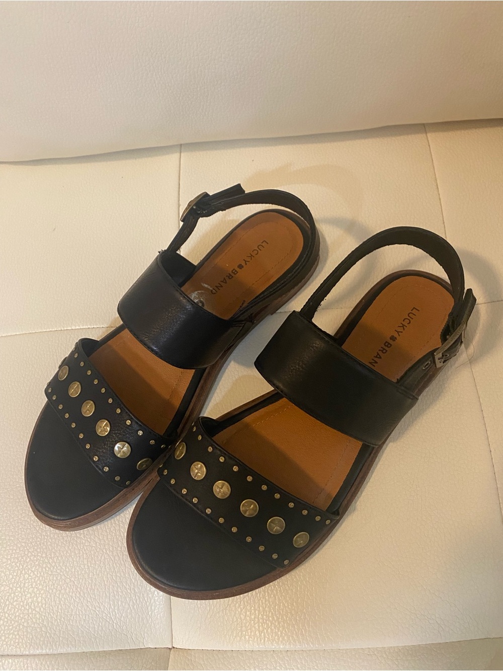 Lucky Brand Black Leather Studded Slingback Sandals